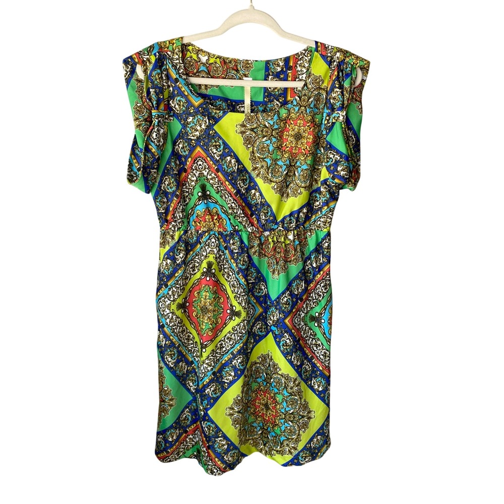 Uncle Frank Womens Baroque Scarf Print Shift Dress Green Blue Yellow Size Medium